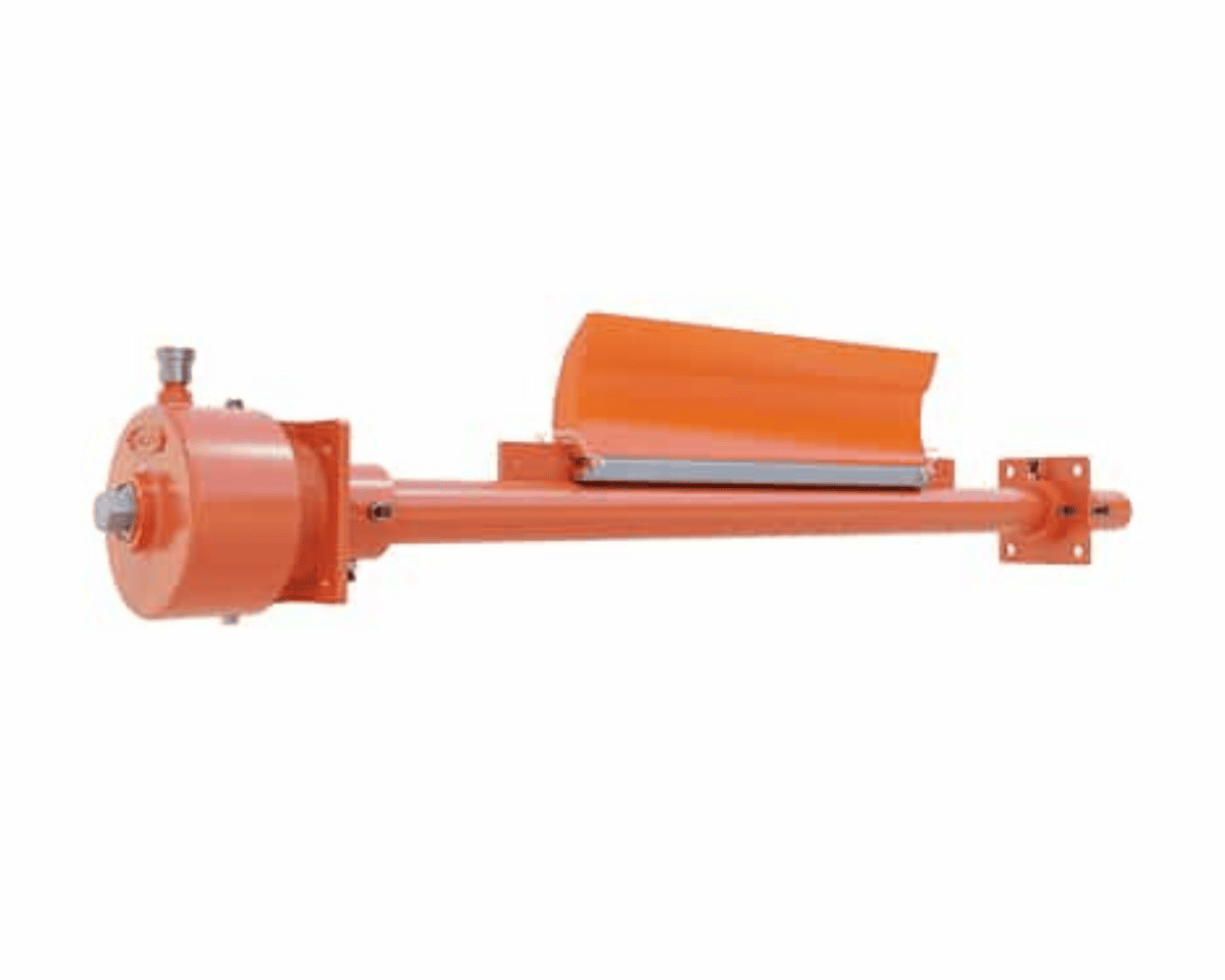 Orange industrial conveyor belt pulley assembly with motor housing and mounting brackets