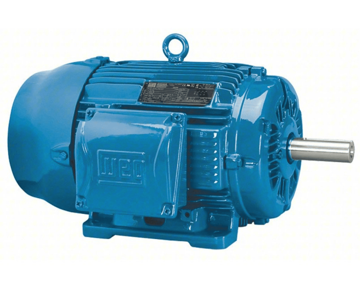 Blue Baldor industrial electric motor with cooling fins, mounting base, lifting eye, and exposed steel shaft