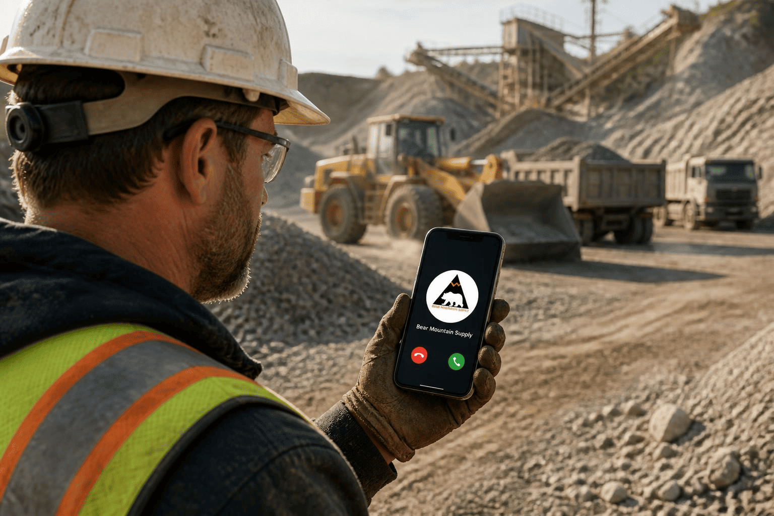 Construction worker in a hard hat and safety vest holds a smartphone displaying an incoming call from Bear Mountain Supply at a quarry with heavy machinery.