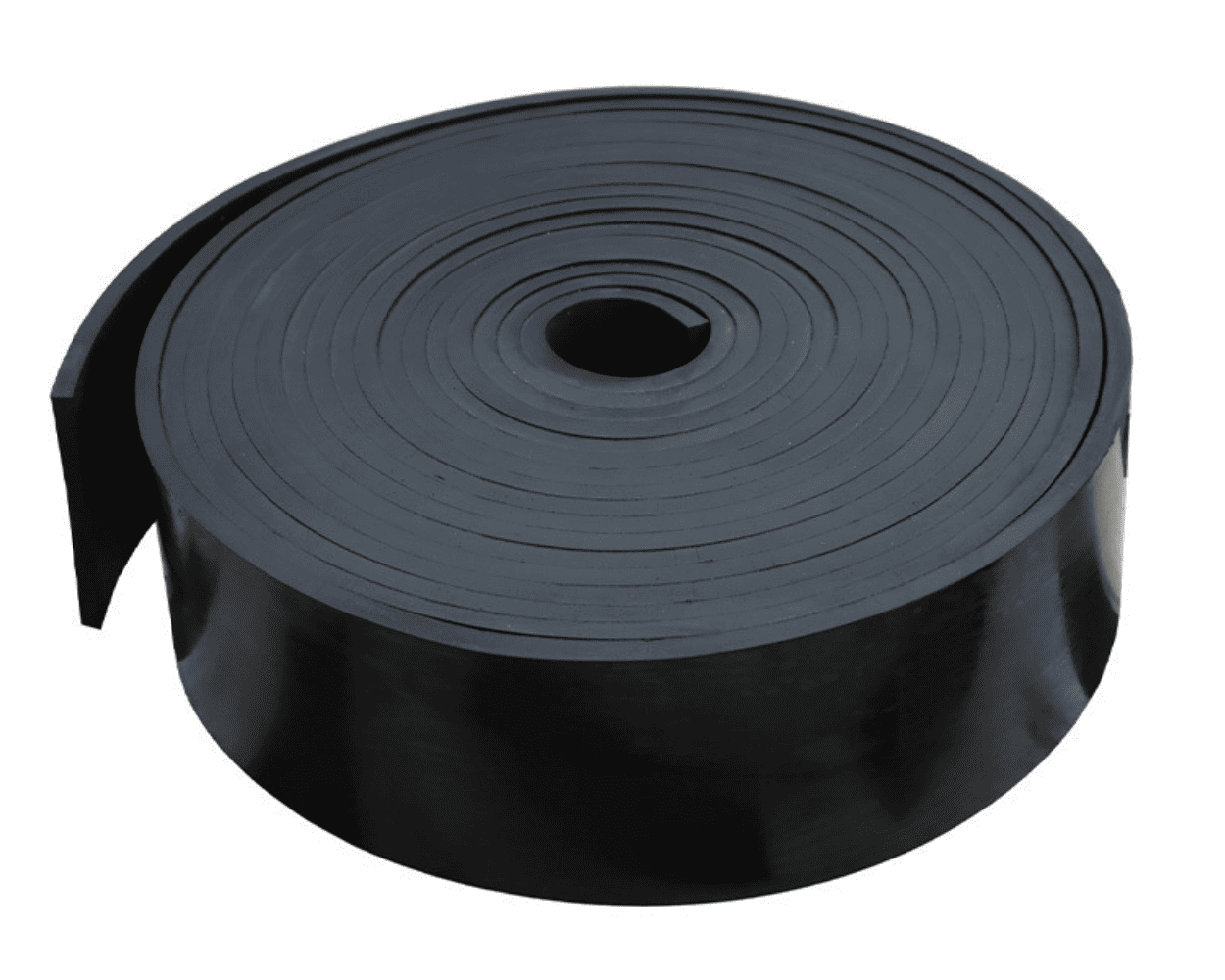 Black roll of rubber weatherstripping or sealing tape with a coiled center and loose end