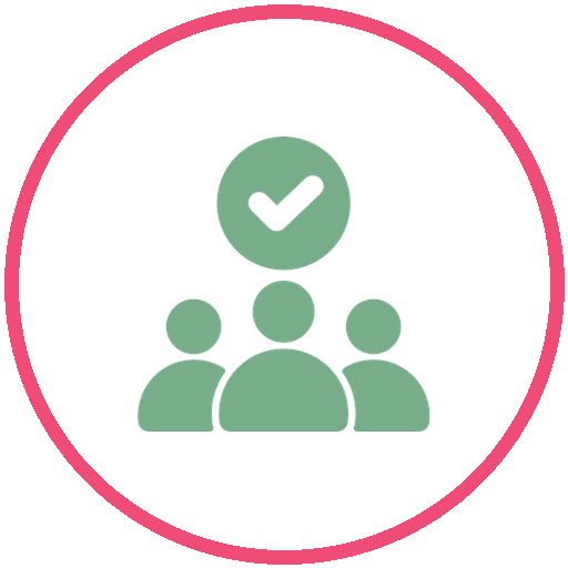 Icon of three people with a checkmark above them, enclosed in a circle with a pink border