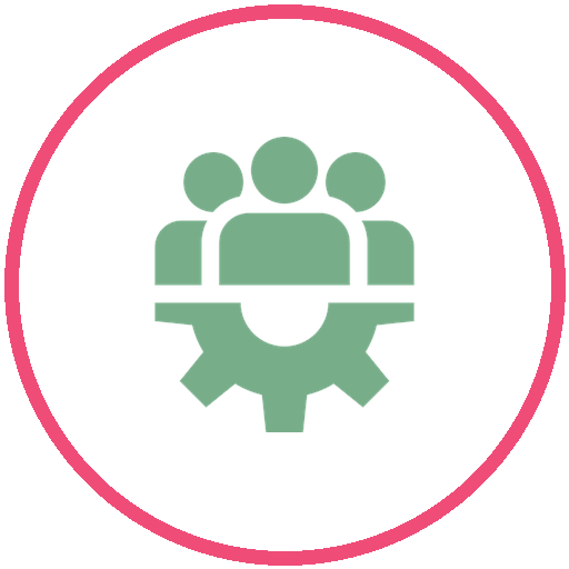 Icon of a group of people with a gear underneath, representing teamwork or collaboration.
