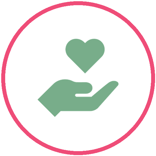 Green hand holding a heart inside a circle with a pink border.
