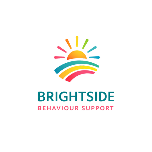 Colorful logo with a sun rising over rainbow-like waves, and the text 'BRIGHTSIDE BEHAVIOUR SUPPORT' underneath.