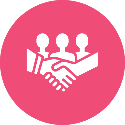 Icon of three people in a row with a handshake below them on a pink circular background.