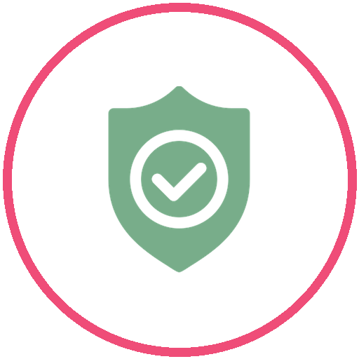 Green shield with a checkmark in the center, outlined with a pink circle.