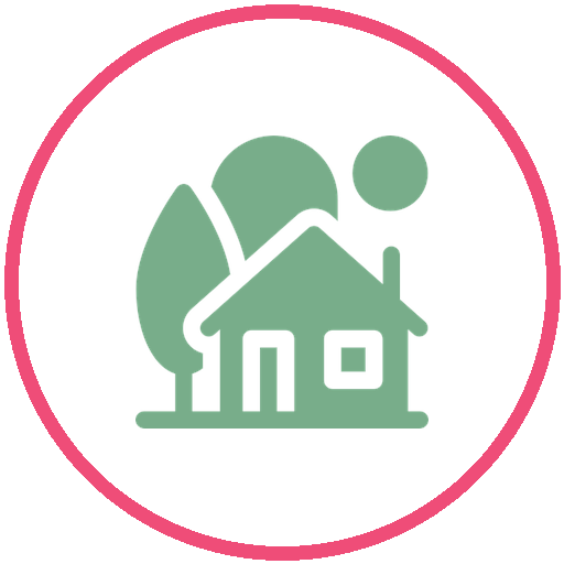 Green house surrounded by trees with a sun or moon in the background inside a pink circular border.