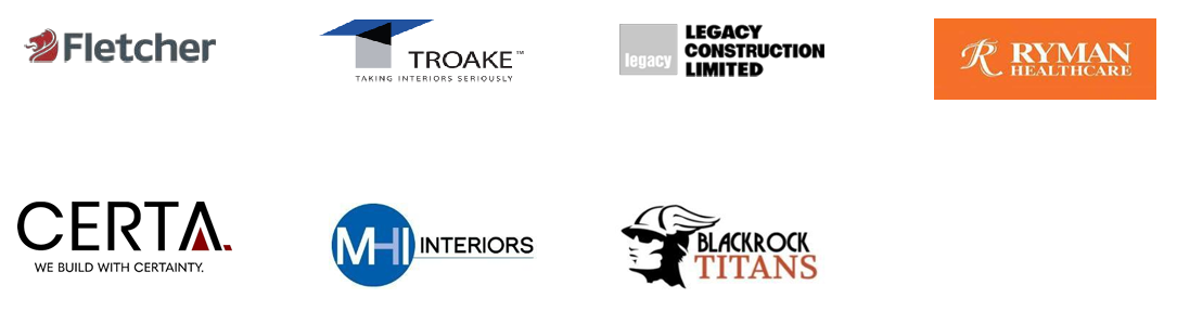 Collection of eight company logos including Fletcher, Troake, Legacy Construction Limited, Ryman Healthcare, CertA, MH Interiors, Blackrock Titans.