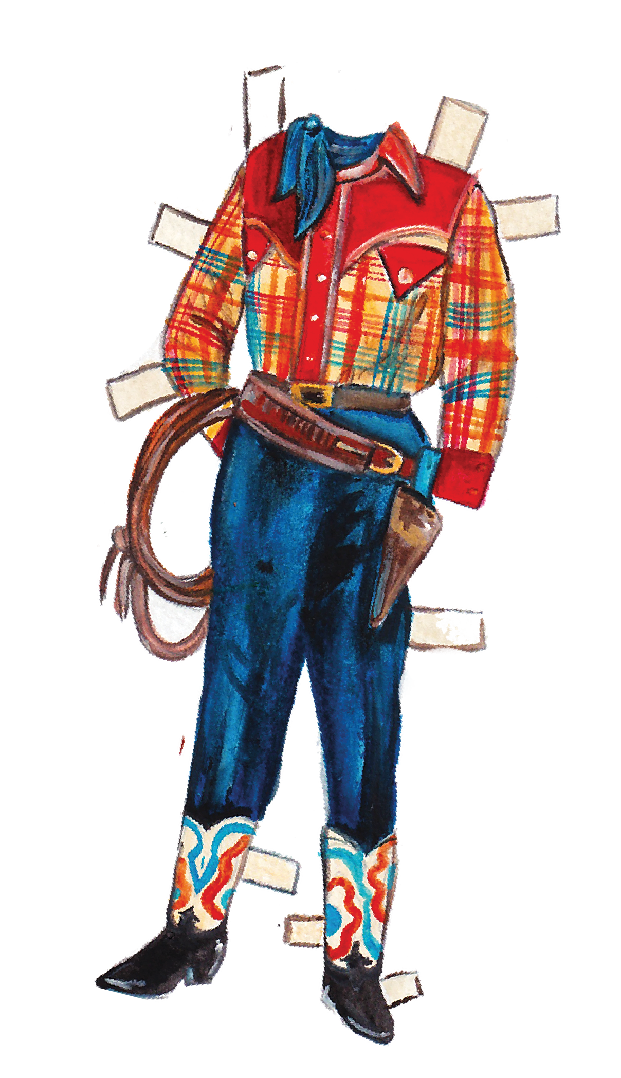 A person dressed in cowboy or western-themed attire, including a plaid shirt, blue jeans, cowboy boots with intricate multicolored patterns, a red vest, and a scarf tied around the neck. The person is holding a lasso in one hand.