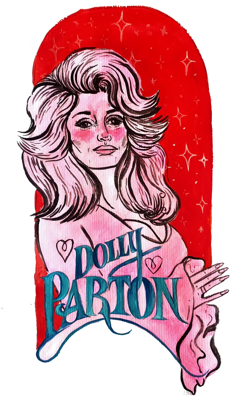 A colorful illustration of Dolly Parton with a red background, sparkles, and a heart. The drawing features her with voluminous hair and a confident expression, with her name written in stylized blue and pink text.