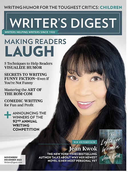 Cover of Writers Digest magazine featuring a woman with long black hair and bangs, smiling, with text highlighting tips for writing humor, interviews, and contests, dated November/December 2023.
