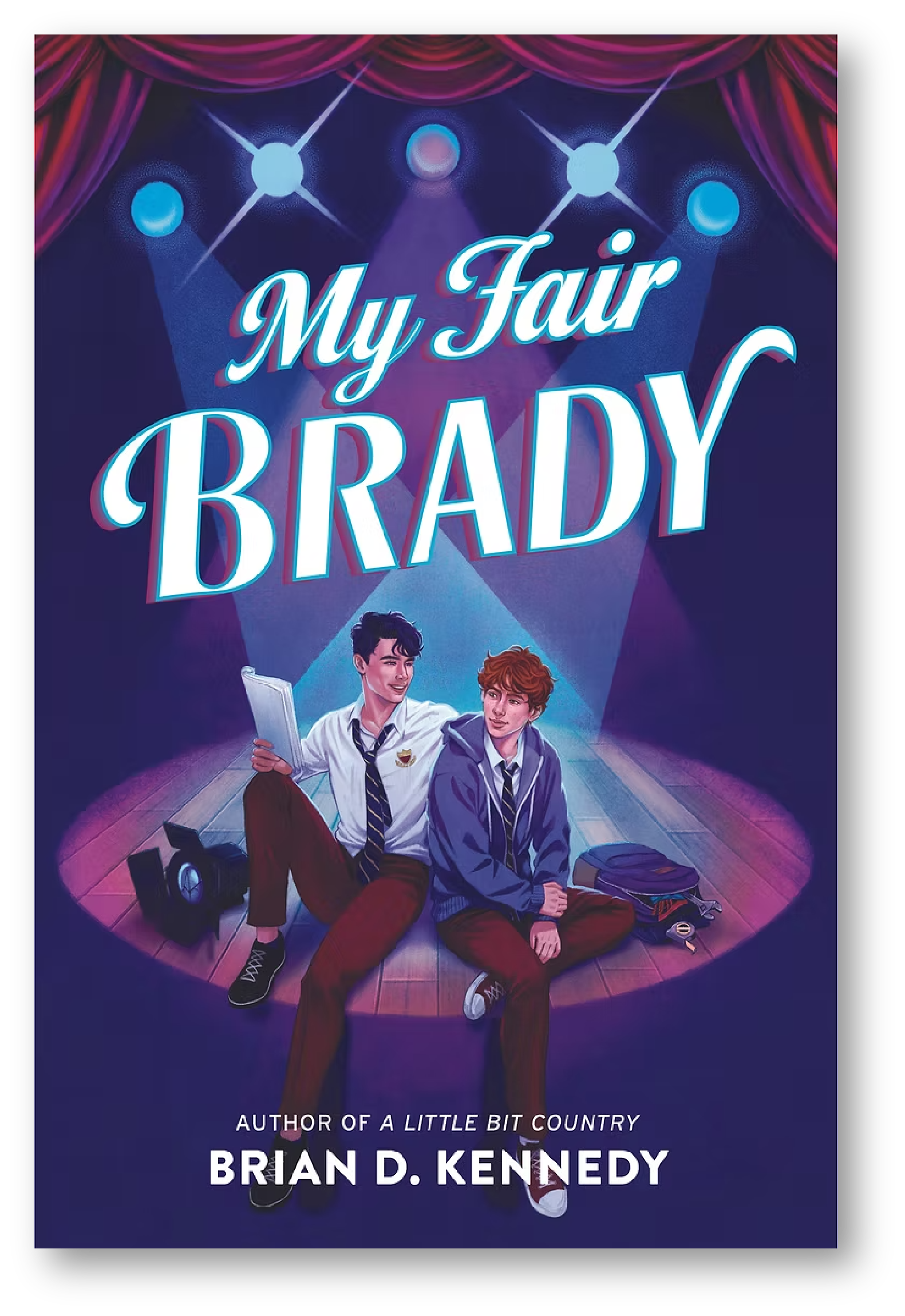 Book cover of 'My Fair Brady' by Brian D. Kennedy, featuring two young men sitting on a stage with vibrant purple curtains, spotlights, and music equipment in the background.