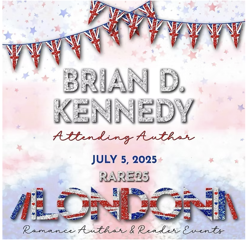 Event announcement poster celebrating author Brian D. Kennedy on July 5, 2025, with British flag-themed bunting, stars, and patriotic colors, mentioning a rare event and romance author with reader events.