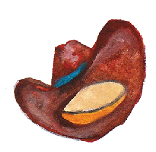 A croissant shaped to resemble a woman, with a blue eye and a yellow lipstick, on a black background.