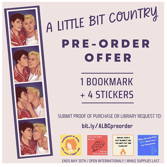 Promotional poster for pre-order offer of 'A Little Bit Country' with a booklet and four stickers. Features four images of two young people, and colorful icons with promotional details.