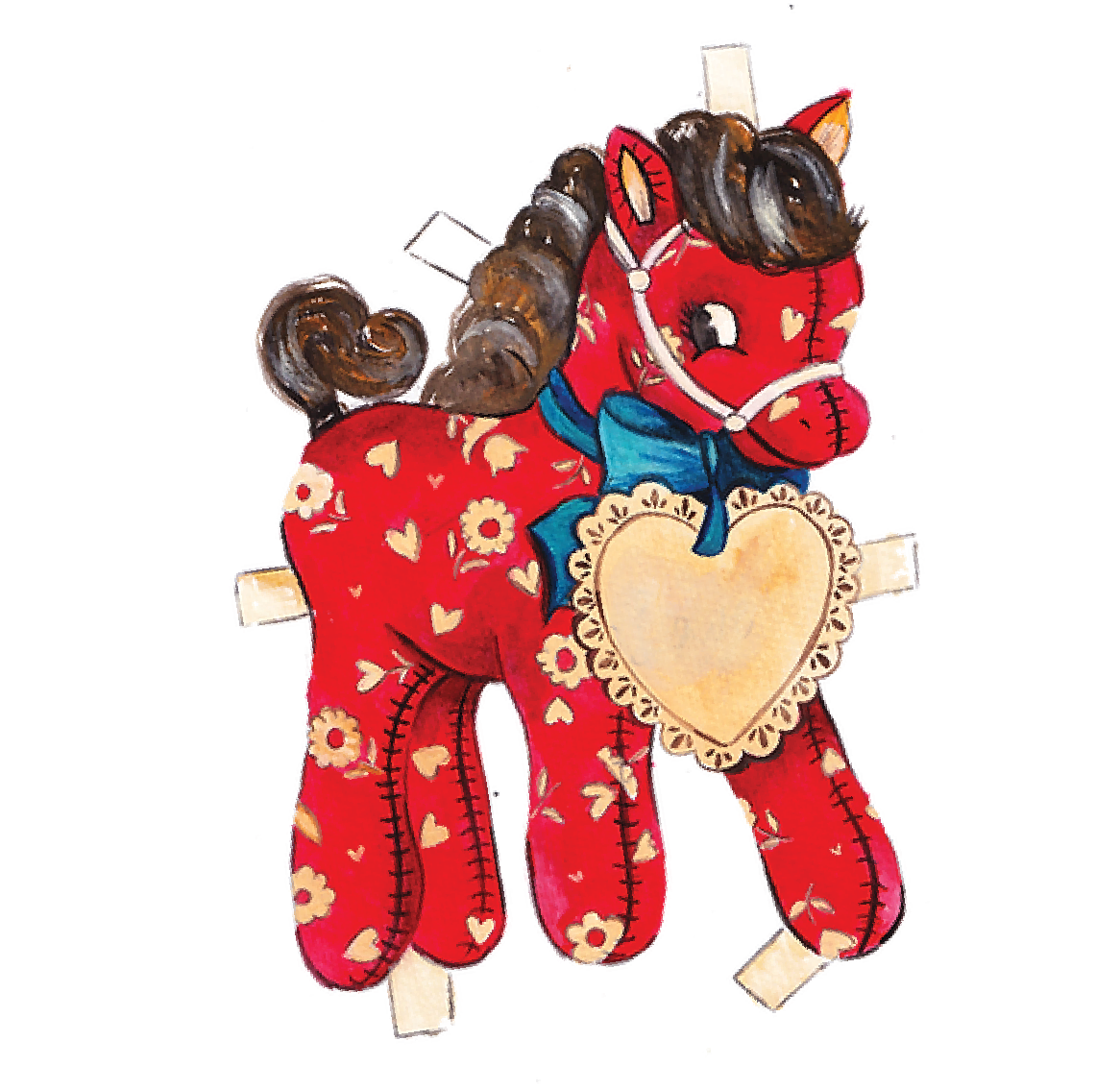 Decorative stuffed horse with a red body decorated with hearts and flowers, a large heart on its chest, a blue bow, and a pull string.