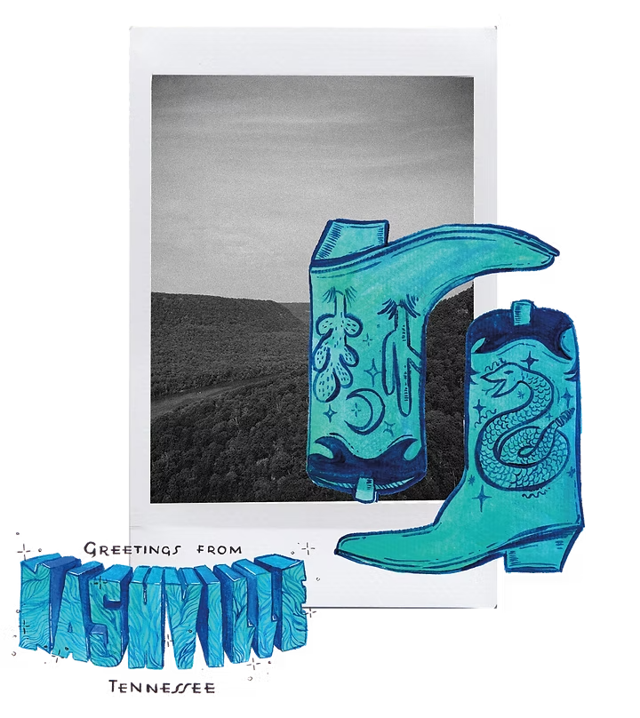 Photo of a black and white landscape scene with rolling hills and a cloudy sky, decorated with bright blue graffiti-style illustrations of a cowboy hat, boots, and a lizard, along with text that reads "Greetings from