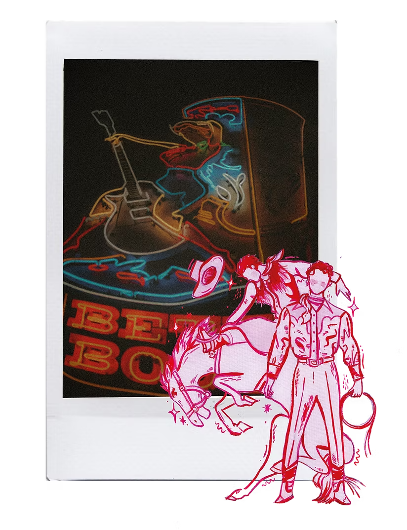 Colorful neon sign of a guitar and a person riding a horse with a cowboy hat, with the word "BE BO" partially visible at the bottom, on a dark background. A pink sketch of a person and a horse overlays the image.