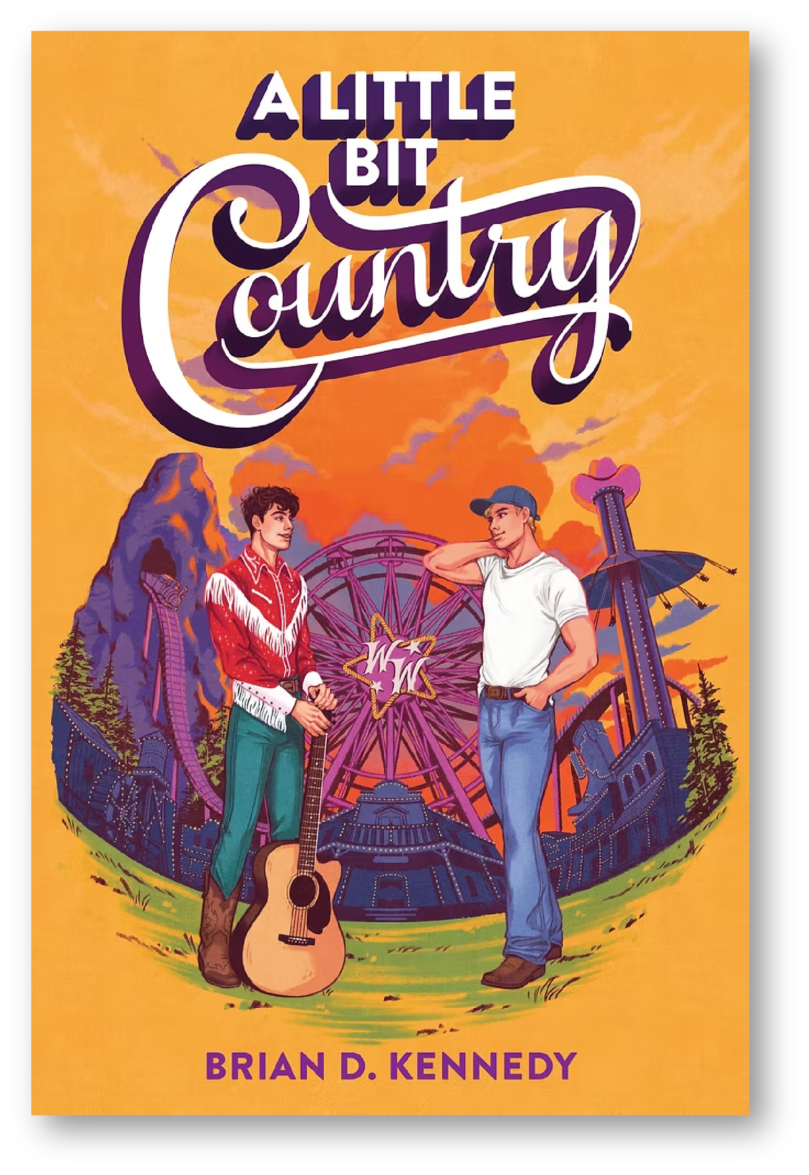 Book cover titled 'A Little Bit of Country' by Brian D. Kennedy. The cover shows two young men in front of a Ferris wheel and a roller coaster at an amusement park during sunset. One man has dark curly hair and is wearing a red western shirt with white fringe, holding a guitar. The other has short hair, a baseball cap, and a white t-shirt with hands on hips.