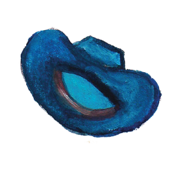 Painting of a blue cowboy hat.