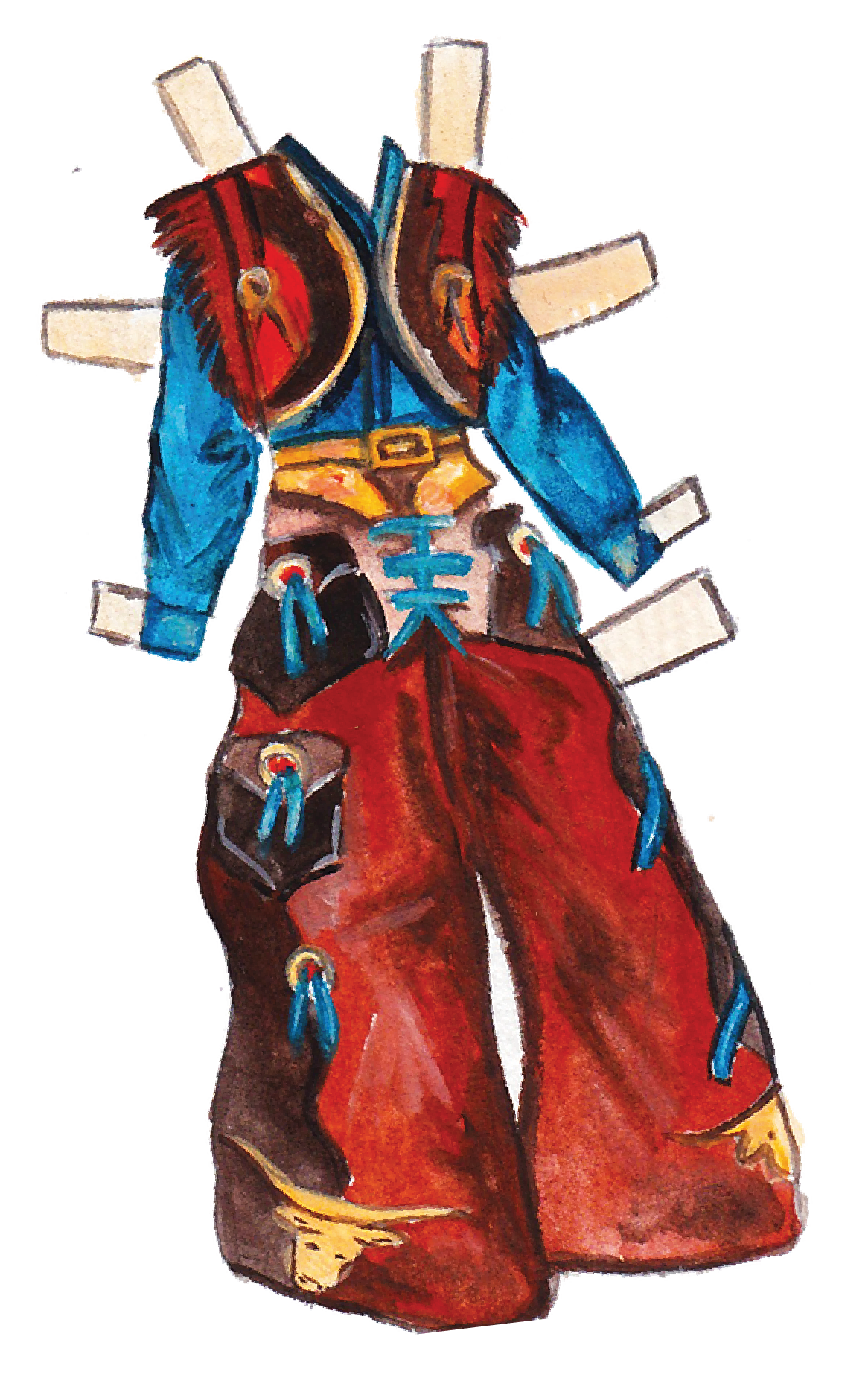 Watercolor painting of a cowboy with a red shirt and brown pants, partially visible.