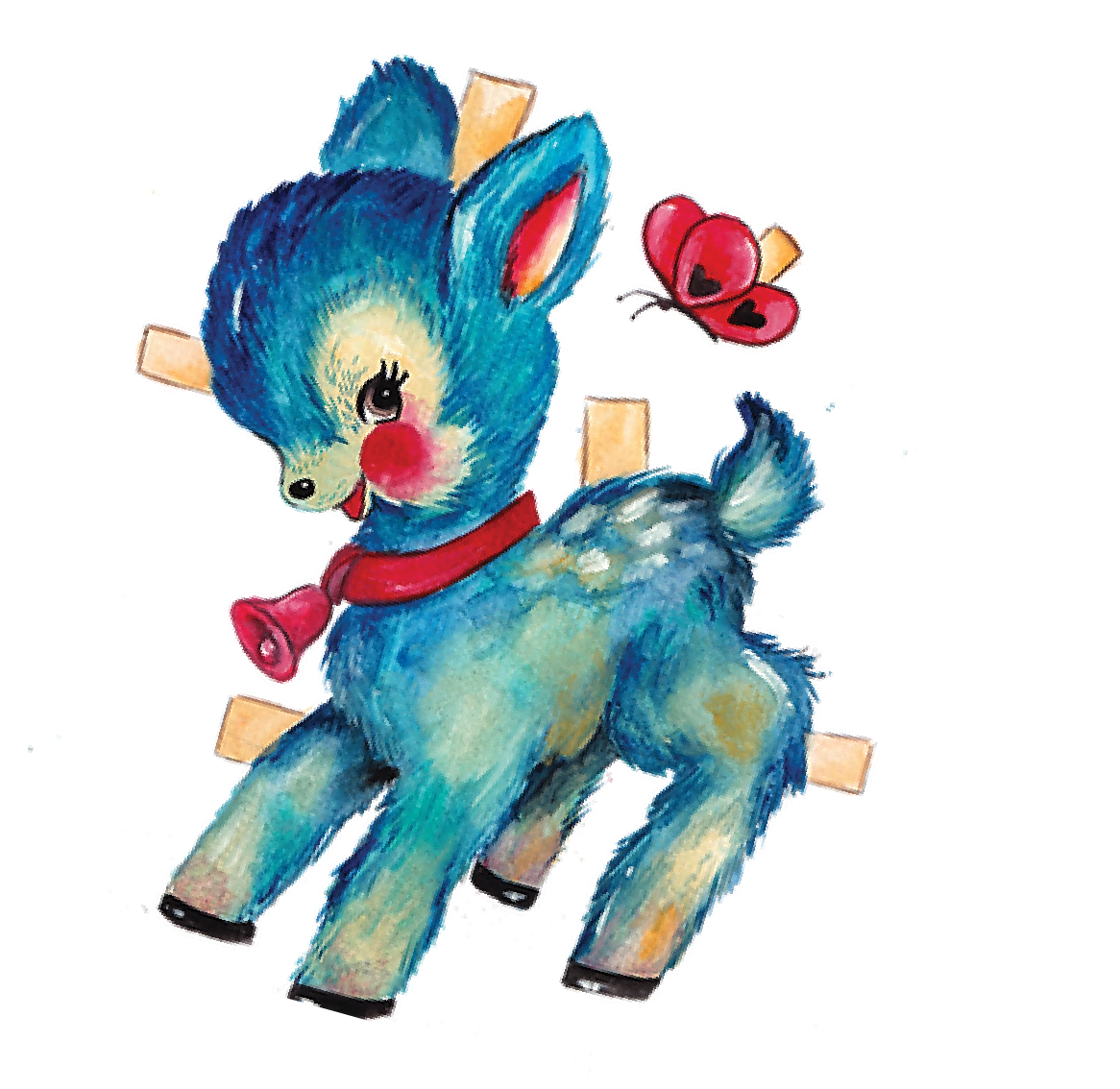 A colorful, illustrated stuffed animal dog with a red scarf, pink cheeks, and sunglasses, surrounded by small wooden clips.