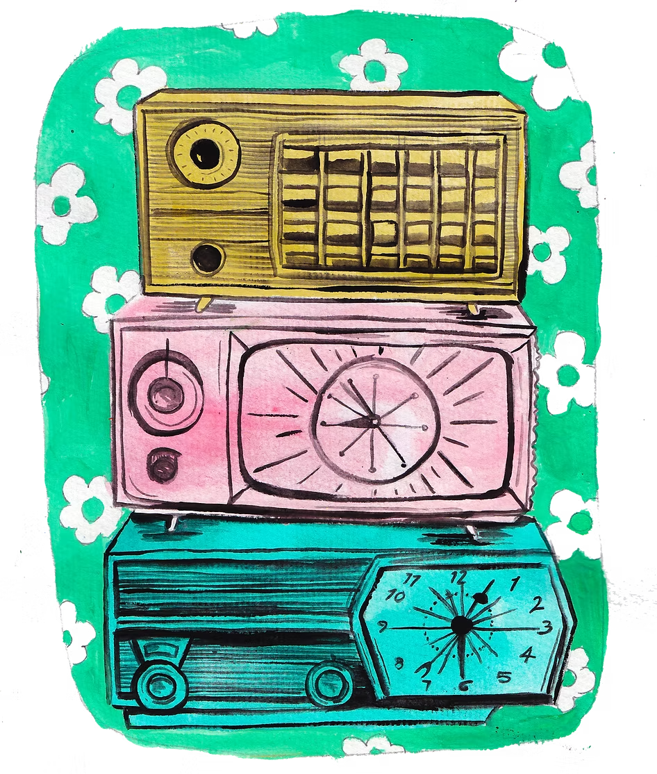 Illustration of three vintage-style clocks stacked vertically on a green background with white flowers. The top clock is yellow, the middle clock is pink, and the bottom clock is blue.