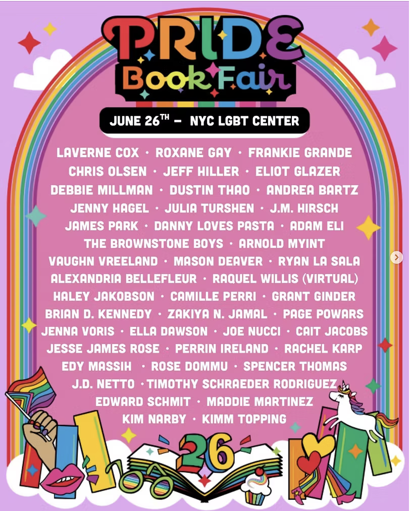 Poster for Pride Book Fair at NYC LGBT Center on June 26, featuring rainbow colors, a unicorn, books, and decorative stars and hearts.
