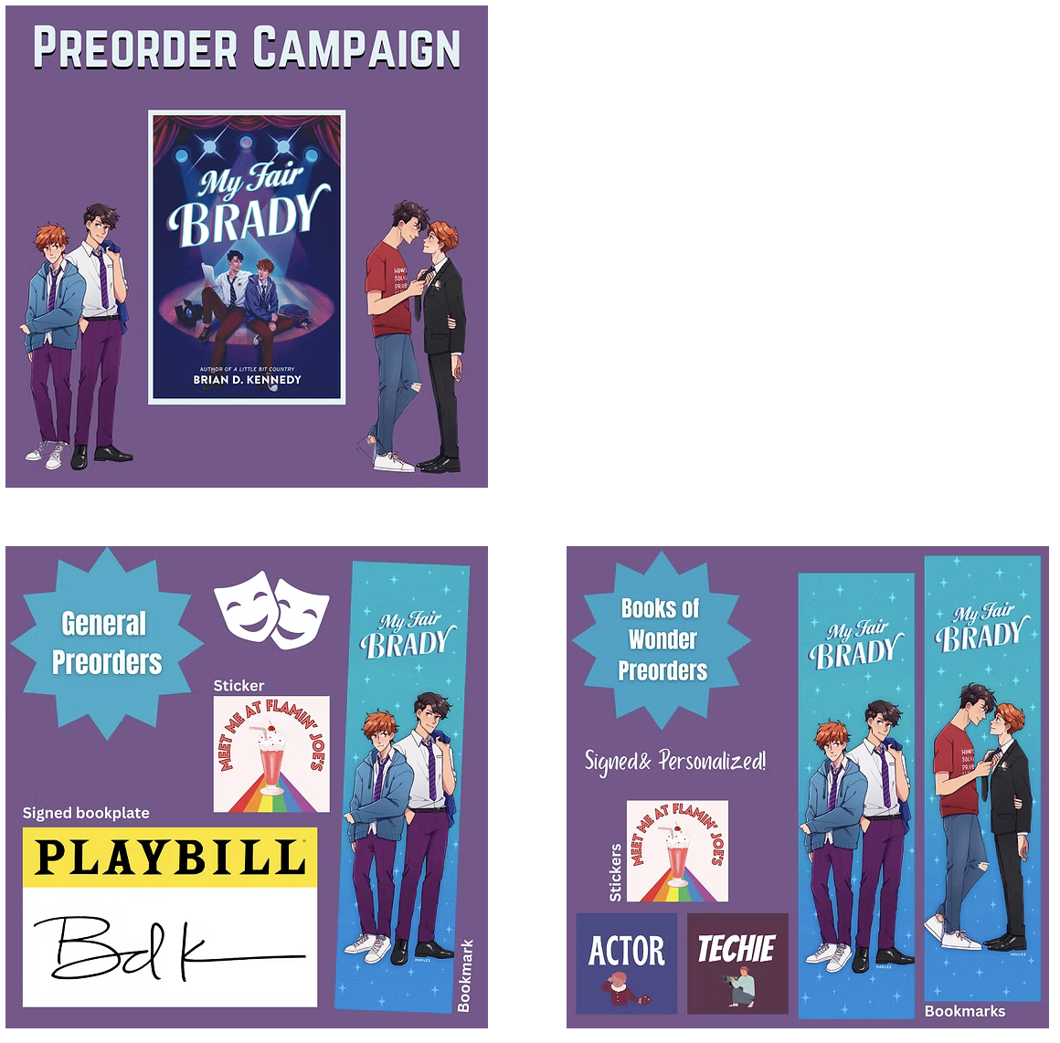 Promotional materials for the 'My Fair Brady' preorder campaign, including a book cover, stickers, bookmarks, and a signed bookplate, featuring illustrations of two boys, one with orange hair and the other with dark hair.