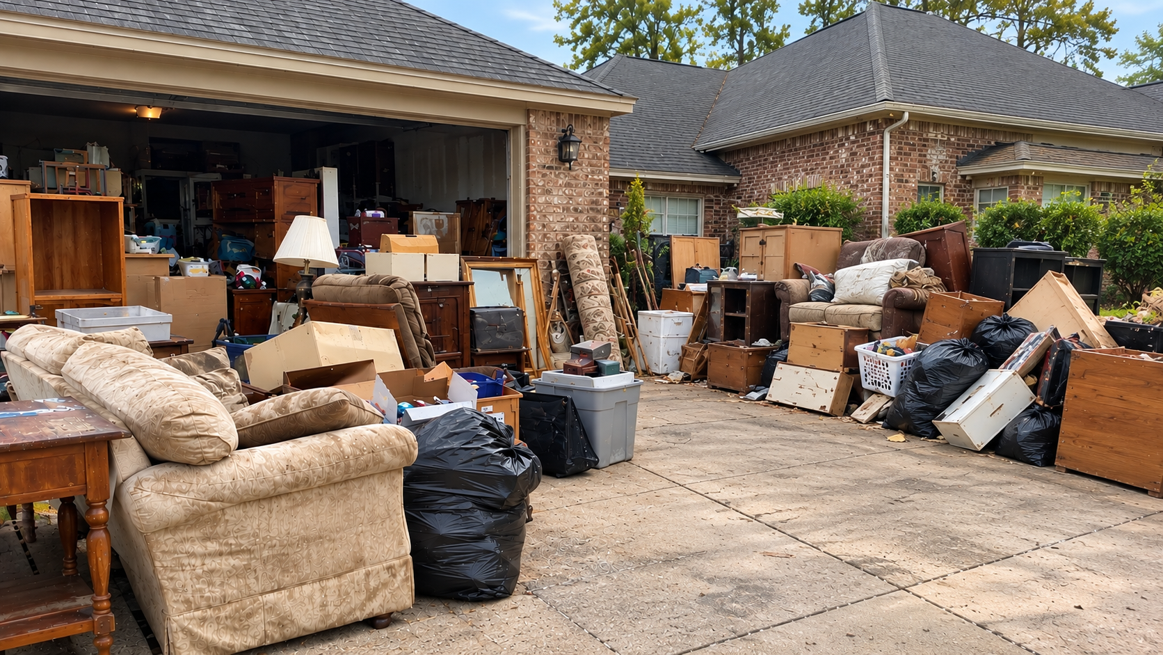 Estate cleanout and eviction cleanout service in Pasadena TX with furniture, boxes, household items and unwanted junk ready for removal
