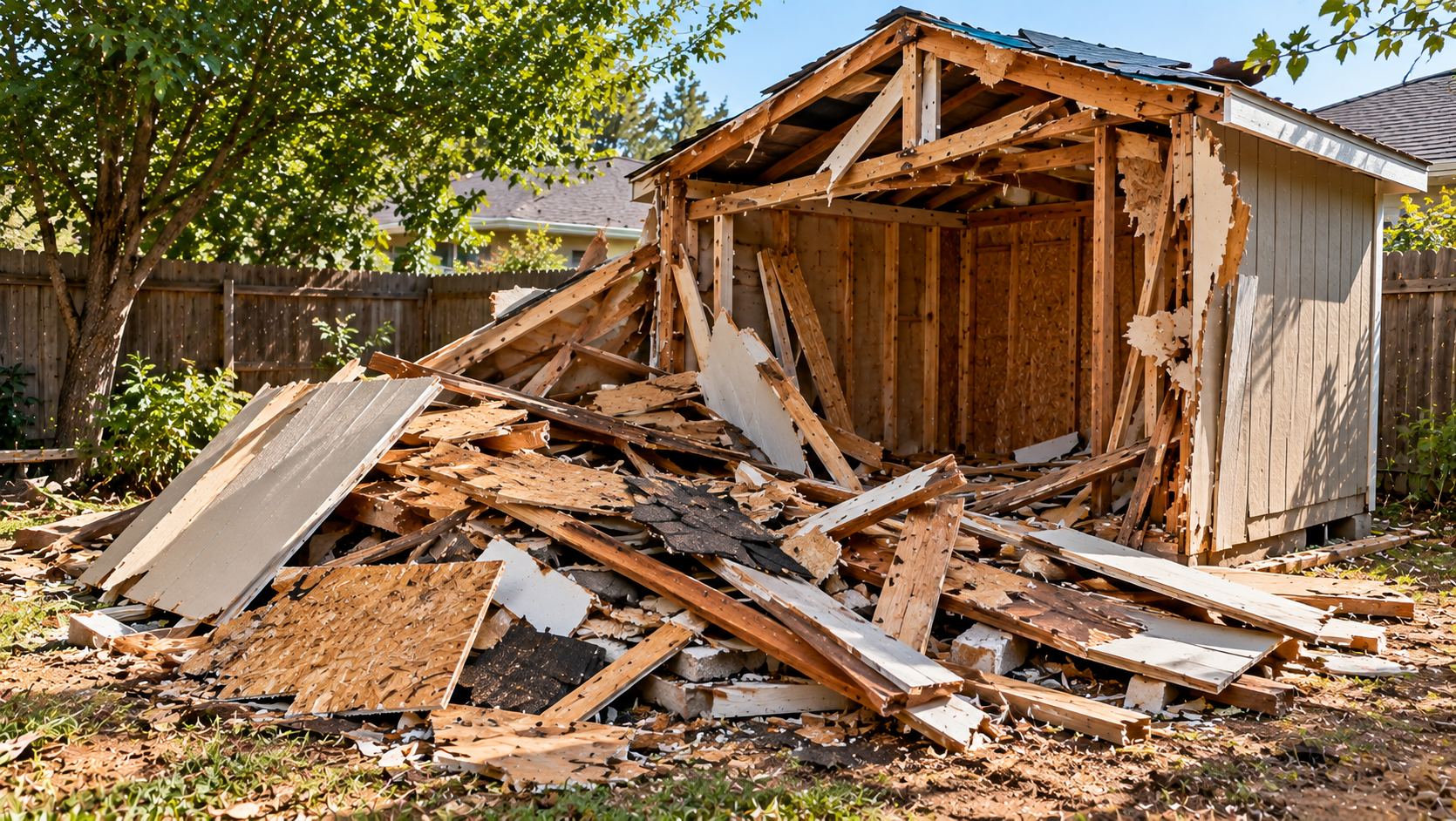 Shed removal and demolition cleanup in Pasadena TX with broken wood, roofing, siding and debris ready for hauling.