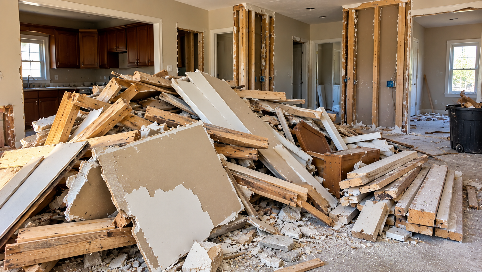 Construction and demolition debris removal in Pasadena TX including drywall, lumber, cabinets, flooring and renovation debris.
