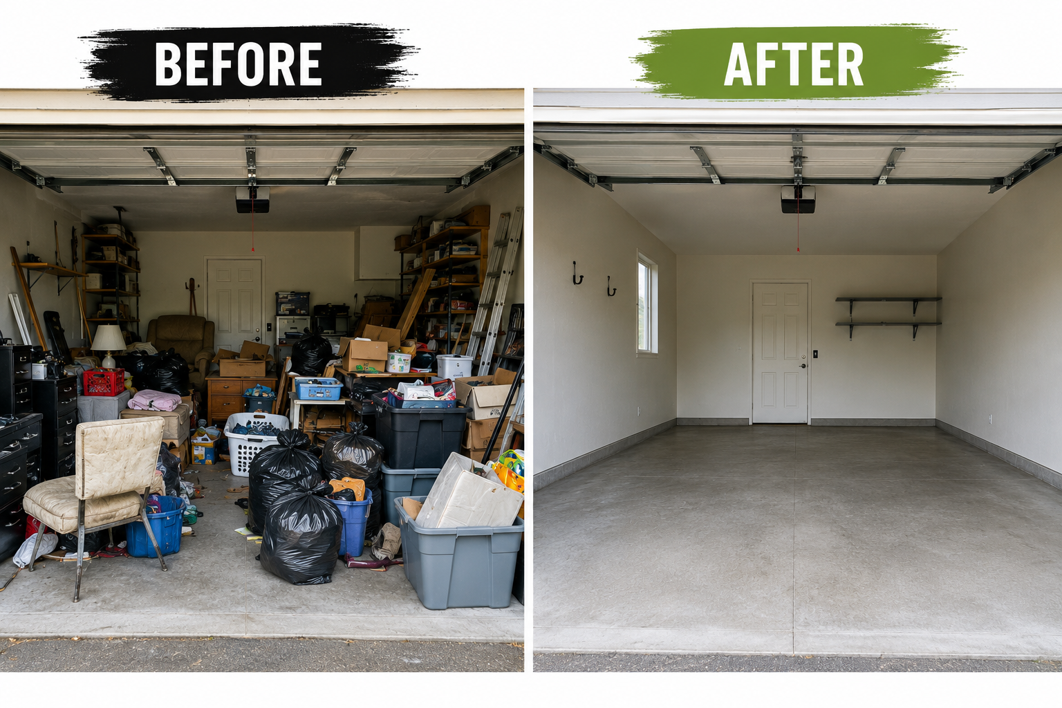 Before and after garage cleanout showing clutter and unwanted junk removed from a garage in Pasadena, TX