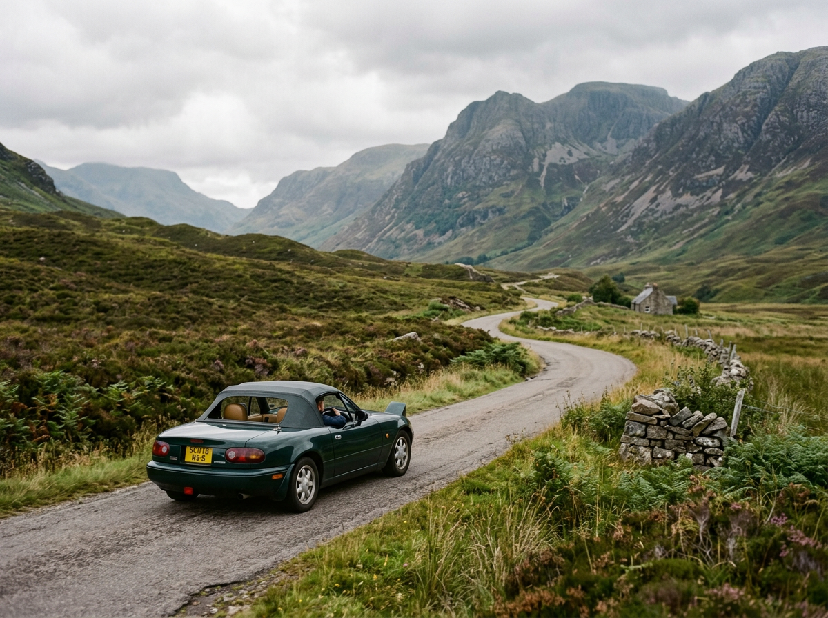 A green convertible car driving on a winding rural road through a grassy landscape with mountains in the background and a small stone house.