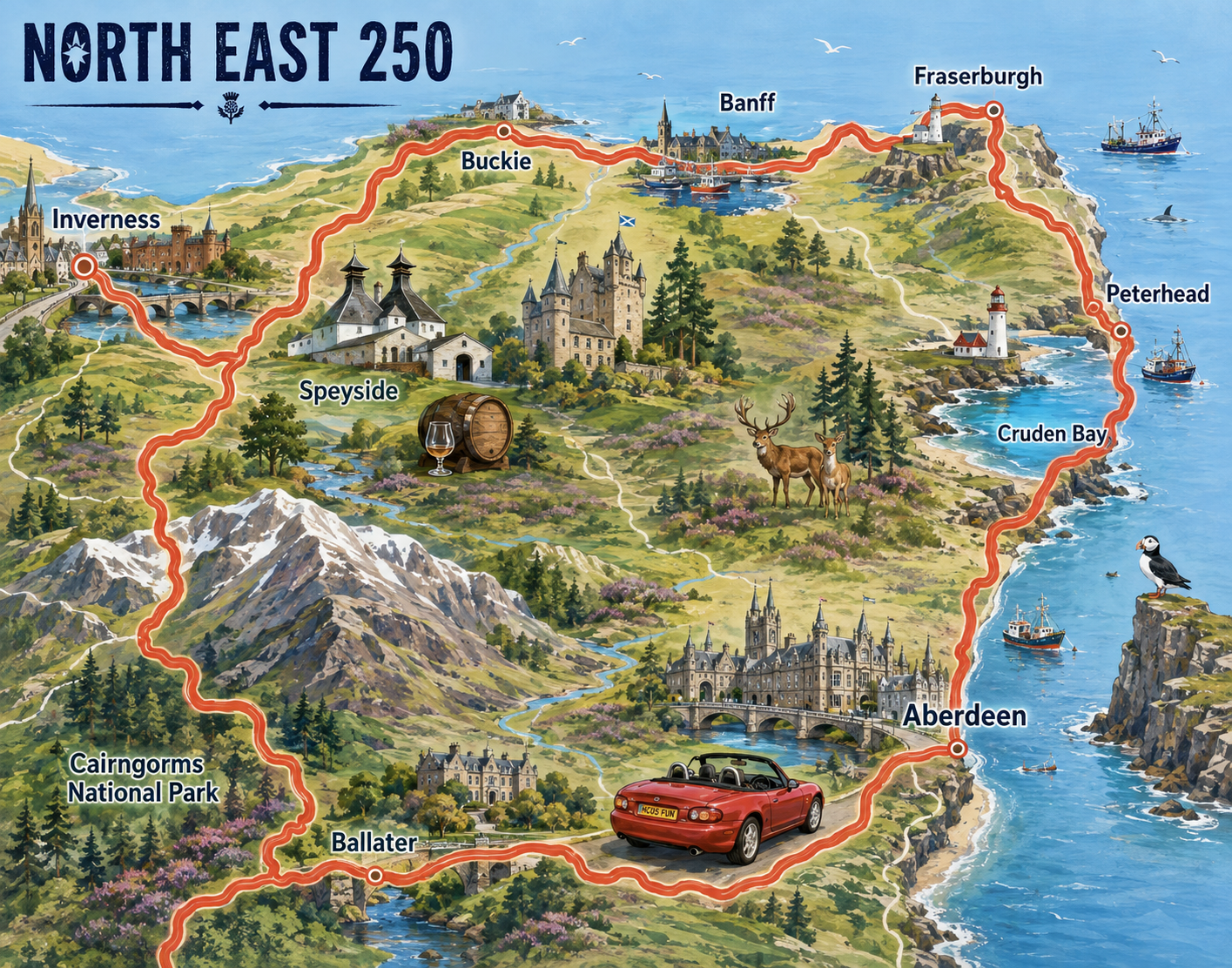 A colorful illustrated map of northeastern Scotland highlighting popular destinations such as Inverness, Speyside, Cairngorms National Park, Ballater, Abereen, Cruden Bay, Peterhead, Fraserburgh, Banff, and Buckie, with icons representing landmarks, wildlife, and scenic views.