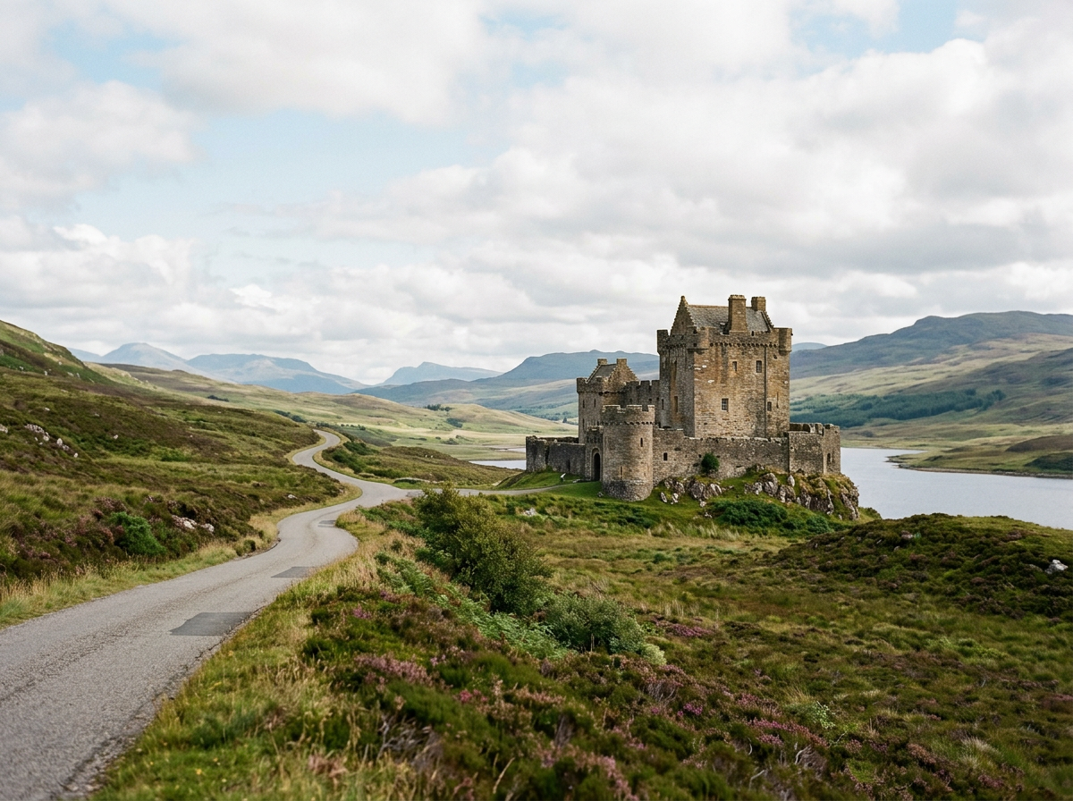 A castle situated on a grassy landscape near a winding road, with mountains and a body of water in the background under a cloudy sky.