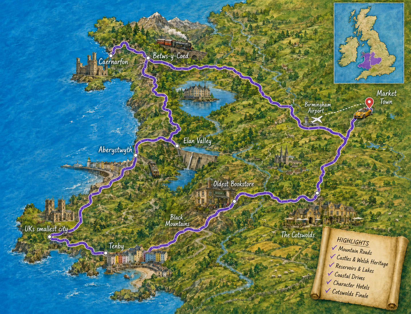Map of a scenic train route in Wales, showing locations such as Market Town, Birmingham Airport, Caernarfon, Betws-y-Coed, Aberystwyth, Tenby, UK's smallest city, and others, with a train traveling through the landscape.