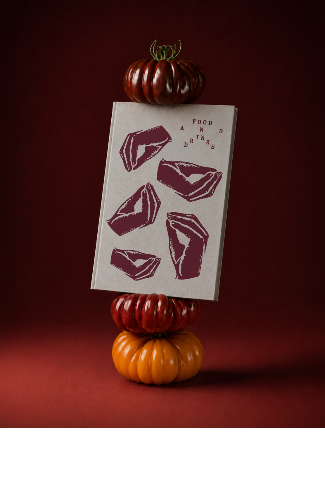 A stack of three pumpkins with a rectangular sign featuring illustrations of pies on top. The background is dark red.