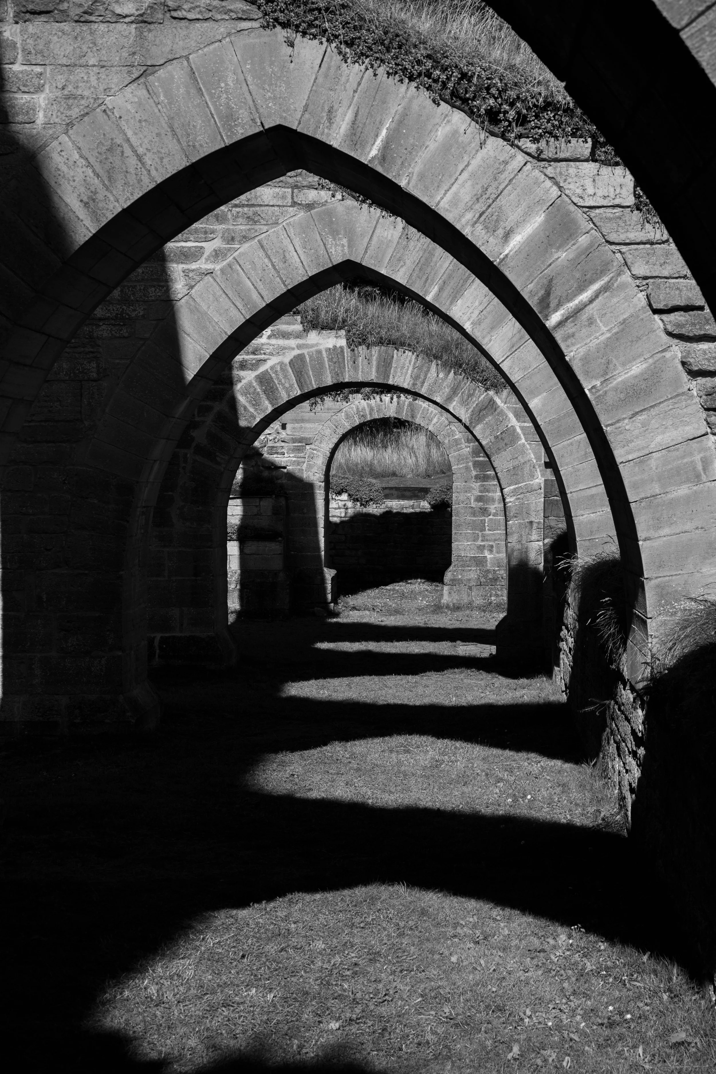 Black and white photo of a series of stone arches creating a corridor with shadows and grass inside.