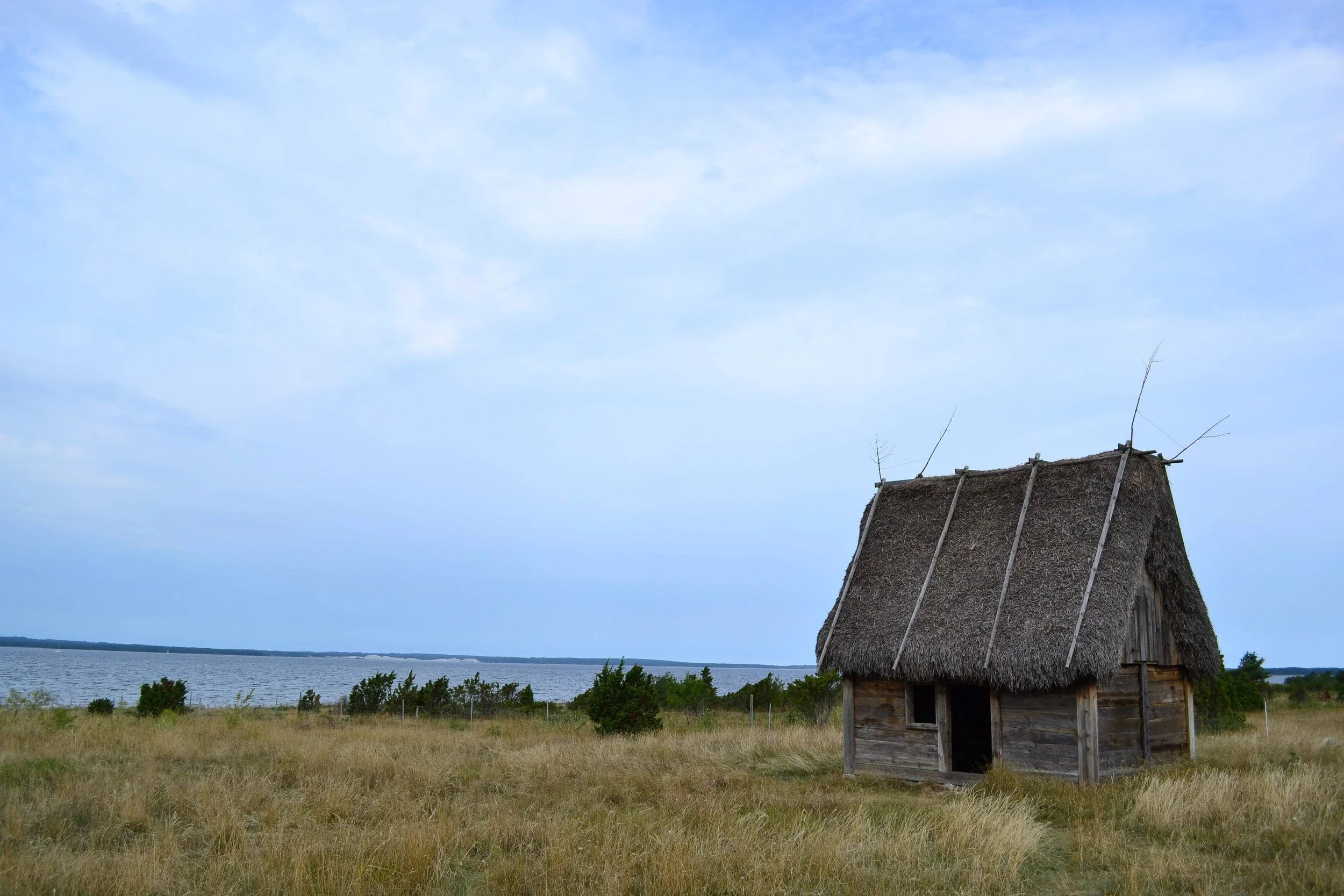 A thatched cottage with a steep roof and small windows located near a lake or river, under a cloudy sky.