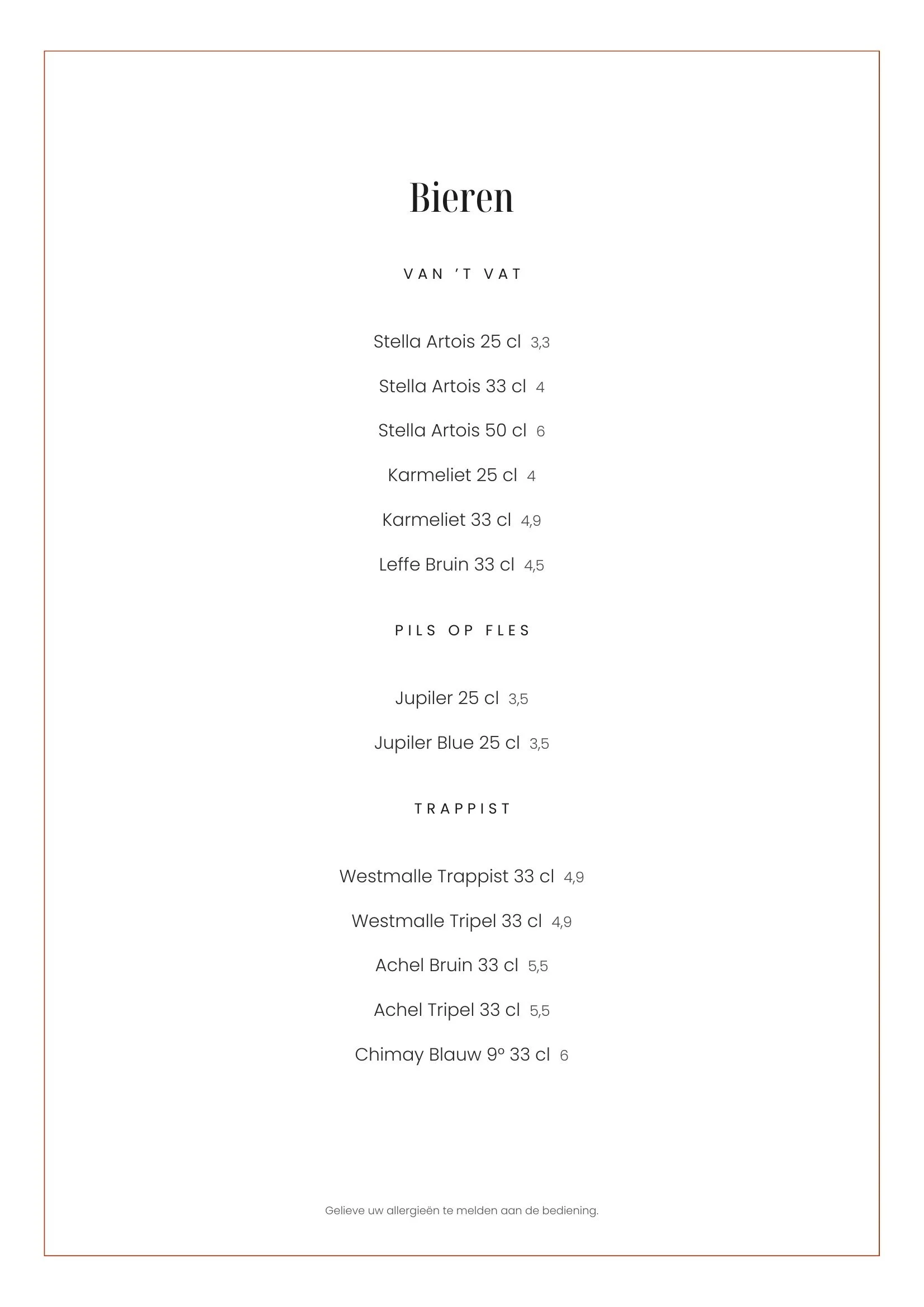 Menukaart met diverse bieren en prijzen, onderaan een waarschuwing om allergieën te melden.