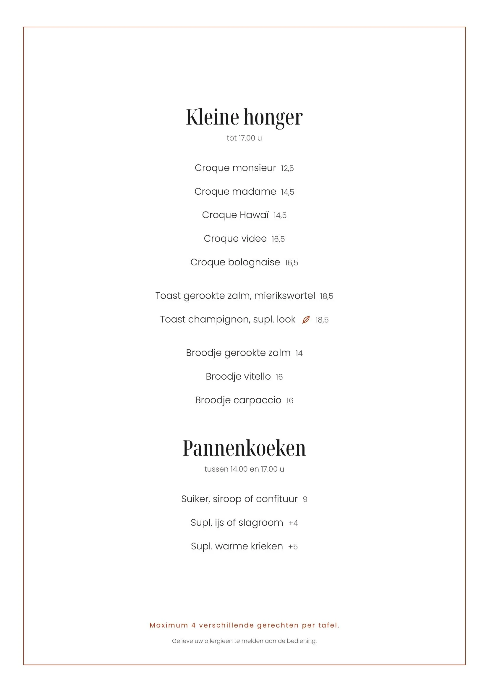 Een menukaart met verschillende lunch- en pannenkoekgerechten, inclusief prijs en korte beschrijvingen, in het Nederlands.