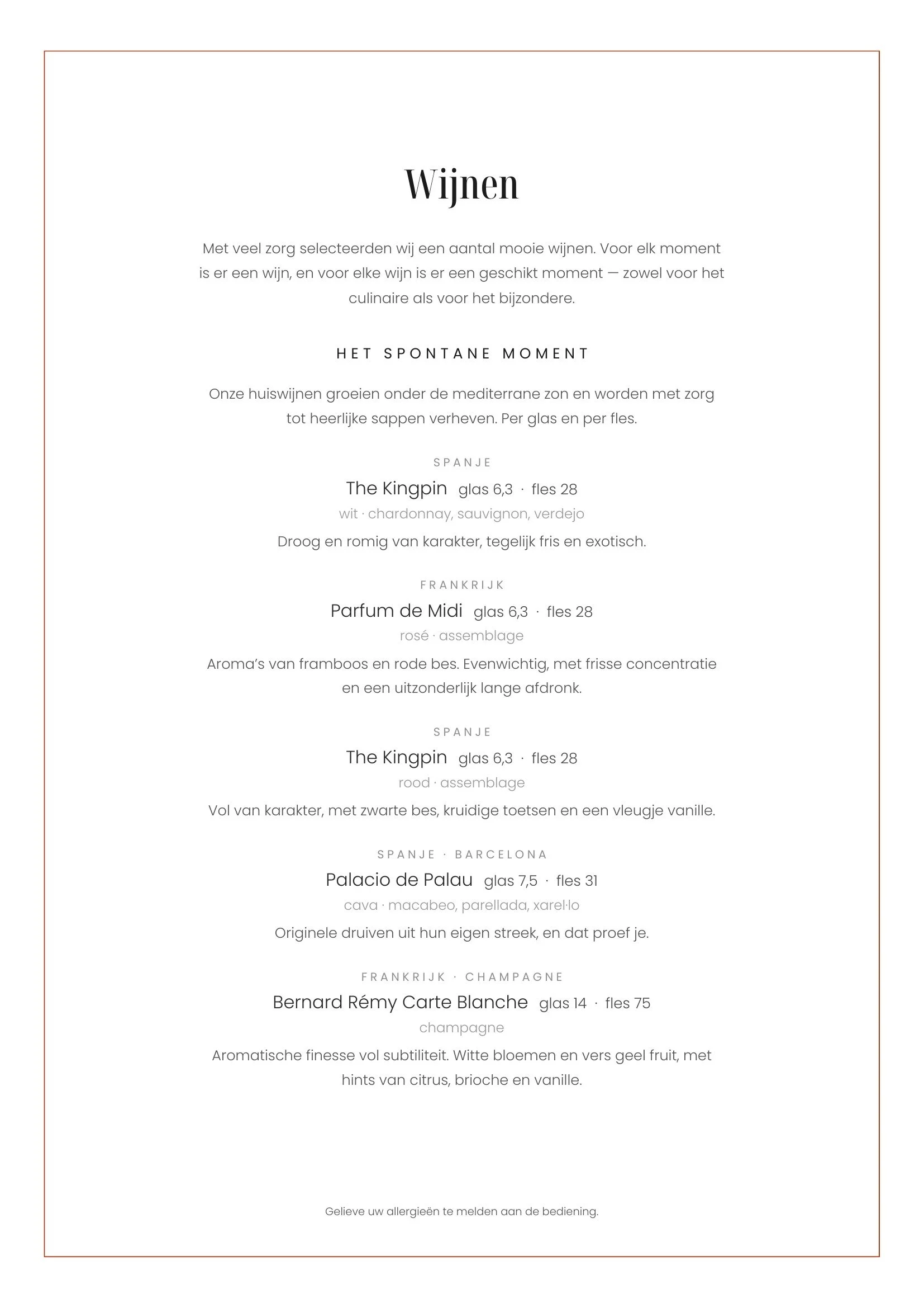 Voorpagina van een wijnmenu met verschillende wijnsoorten, beschrijvingen en prijzen, inclusief Spaanse, Franse, Catalonië en Champagne wijnen.