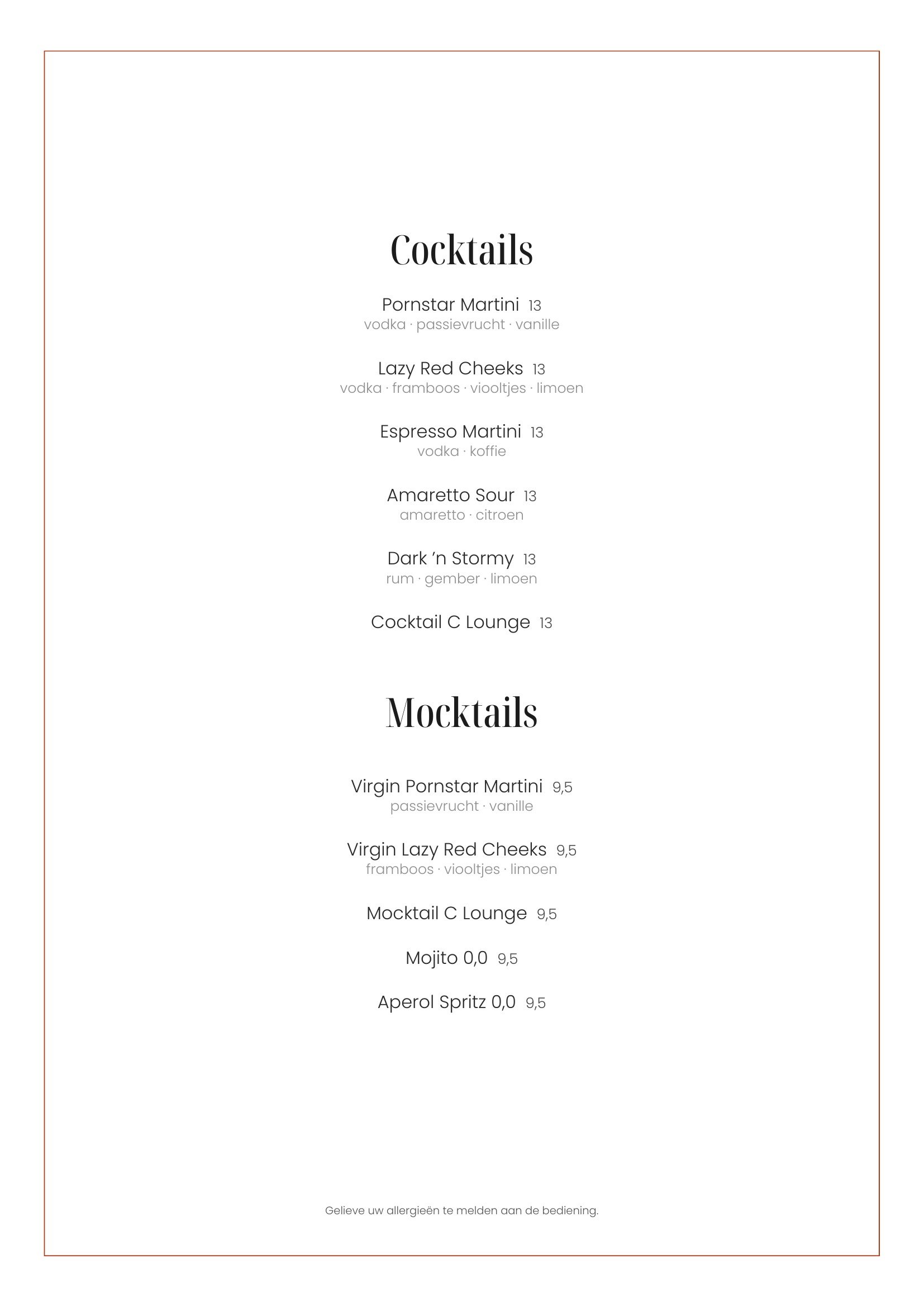Een menu met de titel 'Cocktails' en verschillende soorten cocktails vermeld, zoals Pornstar Martini, Lazy Red Cheeks, Espresso Martini, Amaretto Sour, Dark 'n Stormy, en cocktails met namen als Mocktail C Lounge, Mojito, Aperol Spritz, met bijbehore