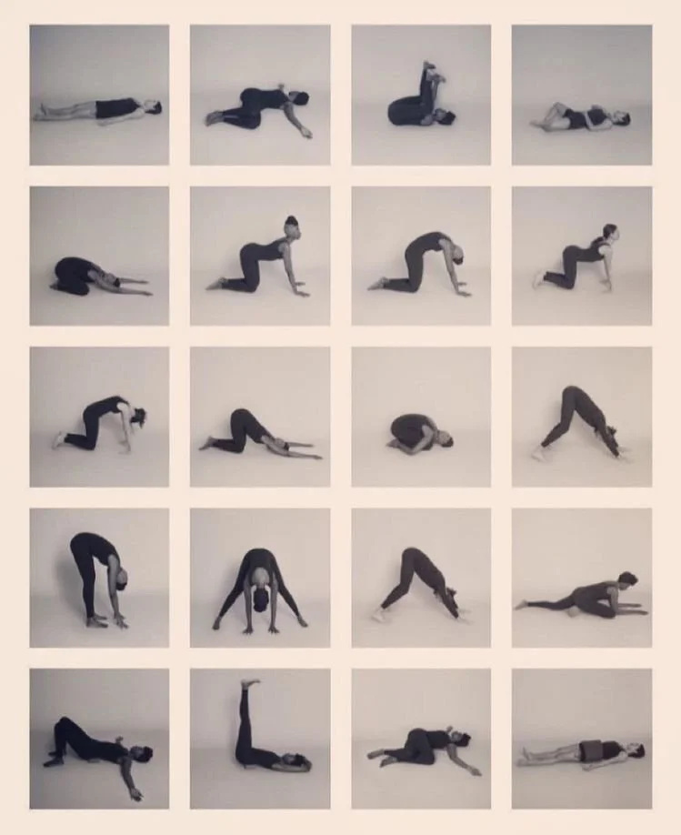A collage of 20 black and white photos of a woman demonstrating various yoga poses and stretches against a plain white background.