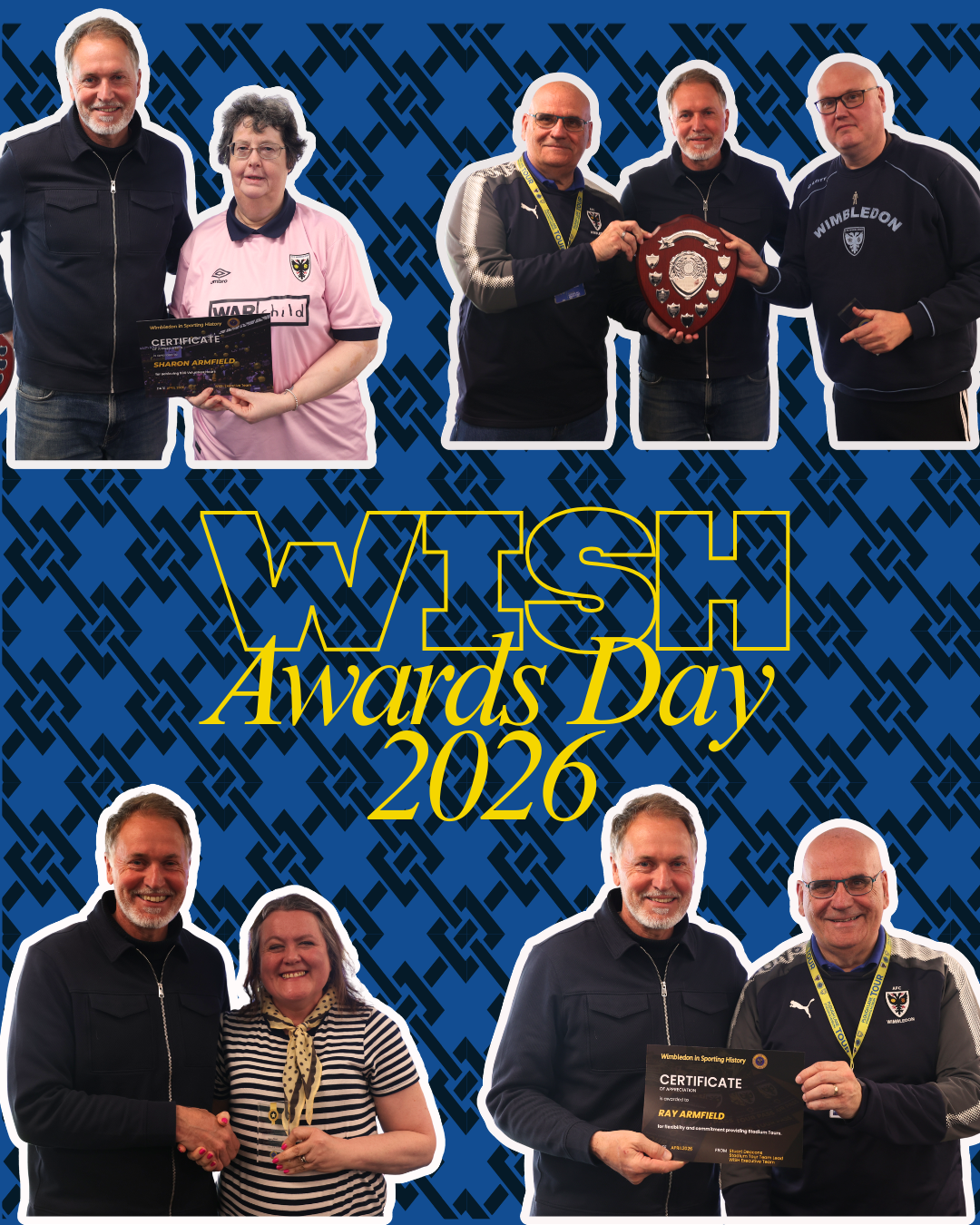 Group of volunteers with John Scales at WISH Awards Day 2026, holding certificates and awards, on a blue patterned background.