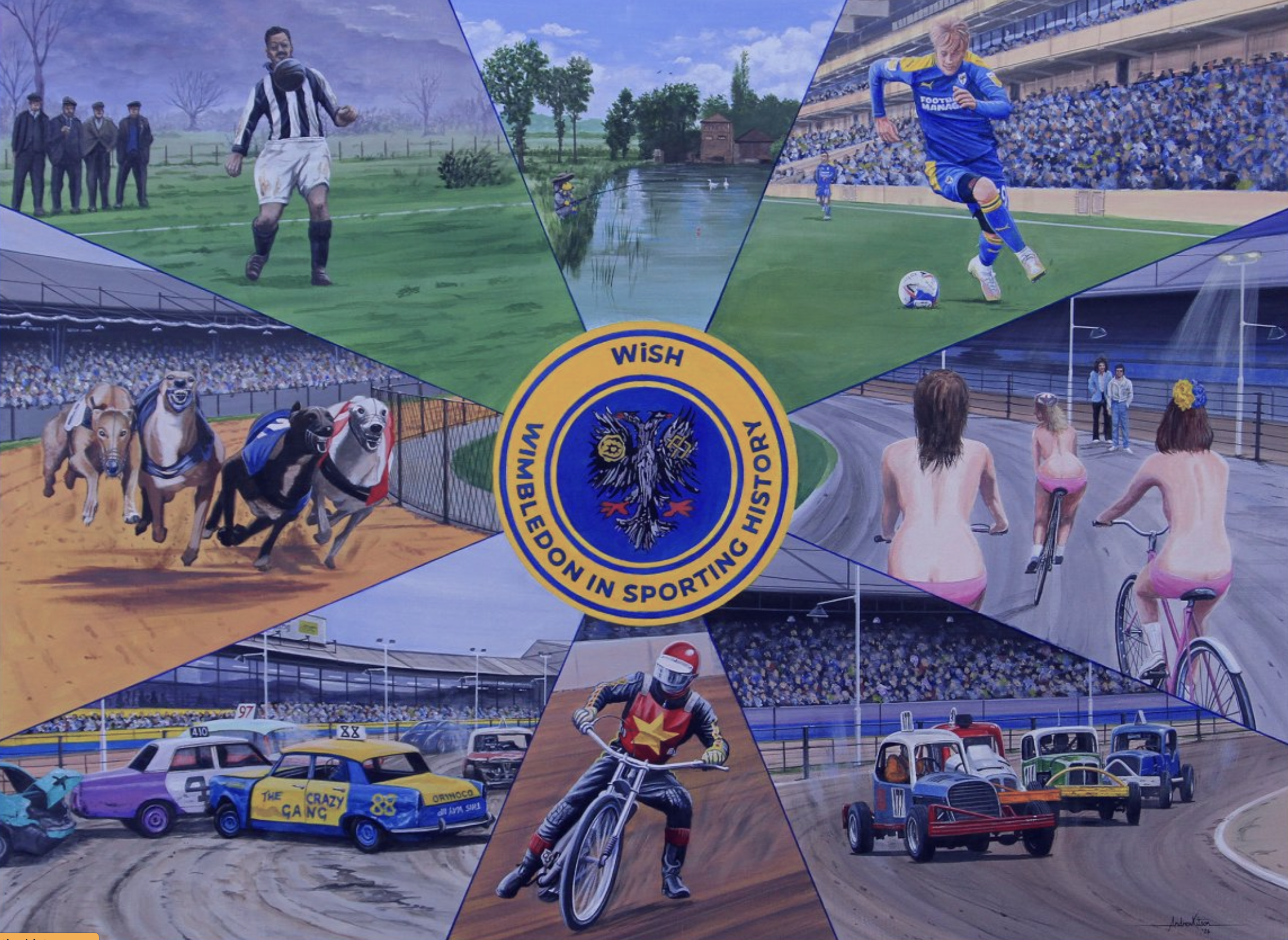 Collage of various sports and recreational activities including soccer, horse racing, cycling, swimming, boat racing, and baseball, with a central emblem reading 'WISH WIMBLEDON IN SPORTING HISTORY'.