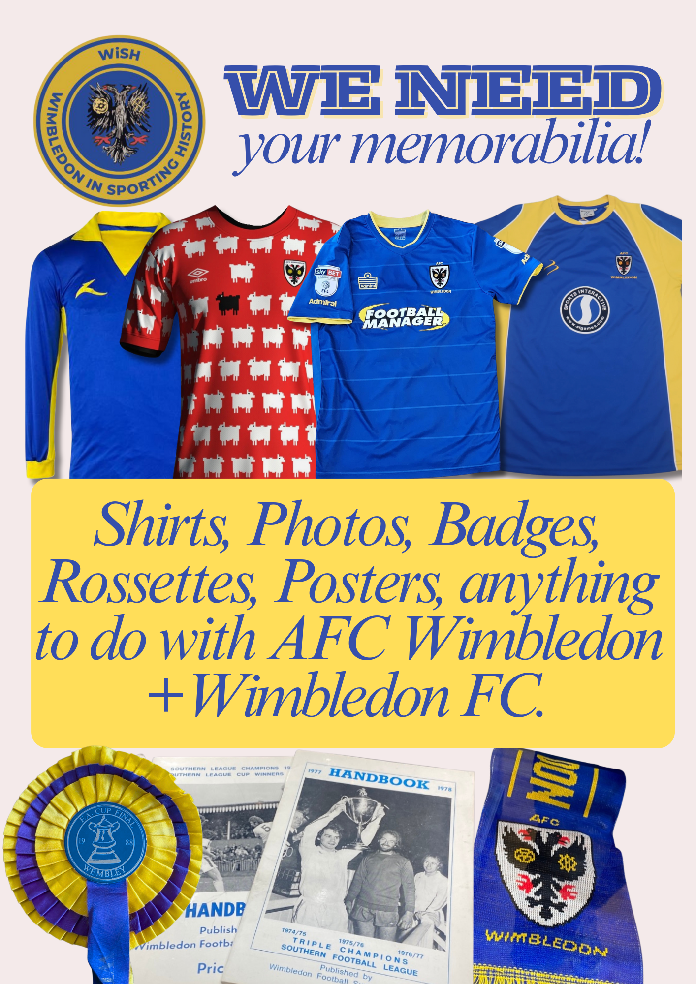 A collection of AFC Wimbledon football memorabilia including shirts, a badge, and a ribbon with the Wimbledon Football Club crest, alongside vintage football programs and books, all related to AFC Wimbledon.