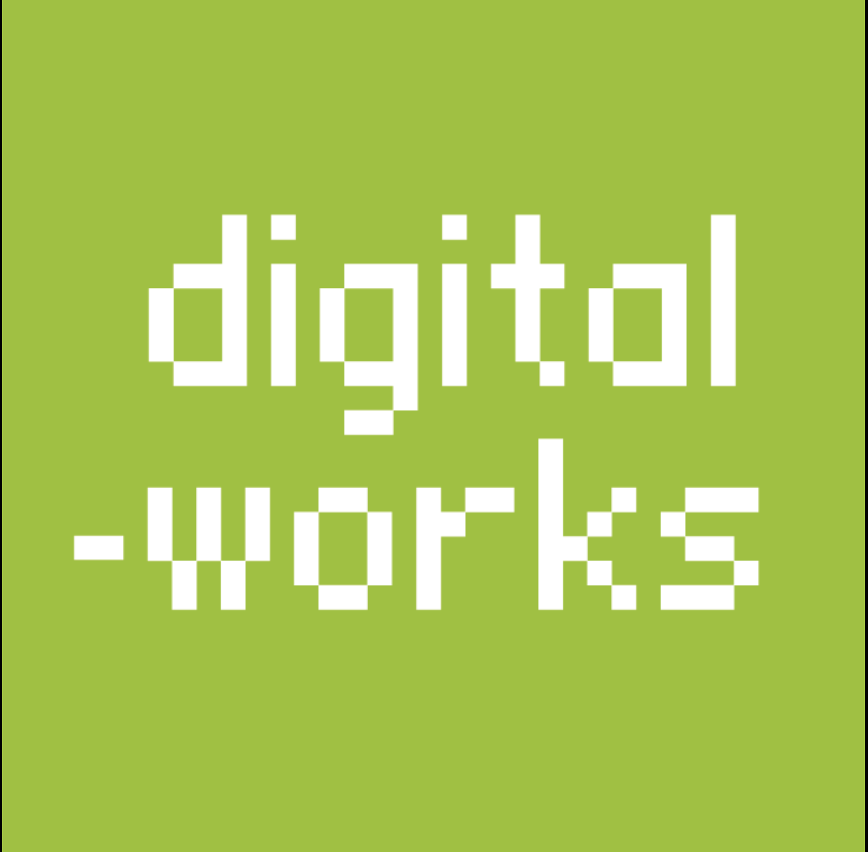 Green background with white pixelated text that reads 'digital works, the logo for a company specialising in film.
