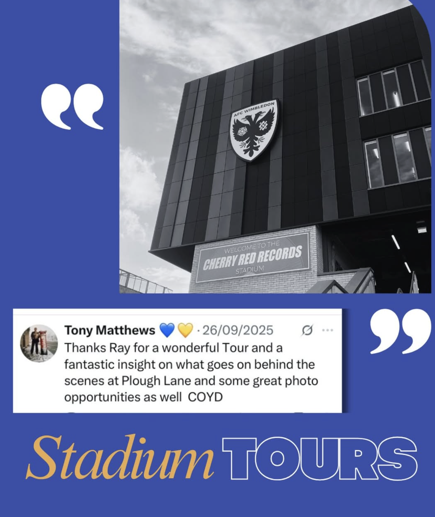 A modern black stadium building with the AFC Wimbledon logo on the front and a digital sign that reads "Welcome to the Cherry Red Records Stadium." Part of a social media post with a comment from Tony Matthews thanking Ray for a tour and insights.